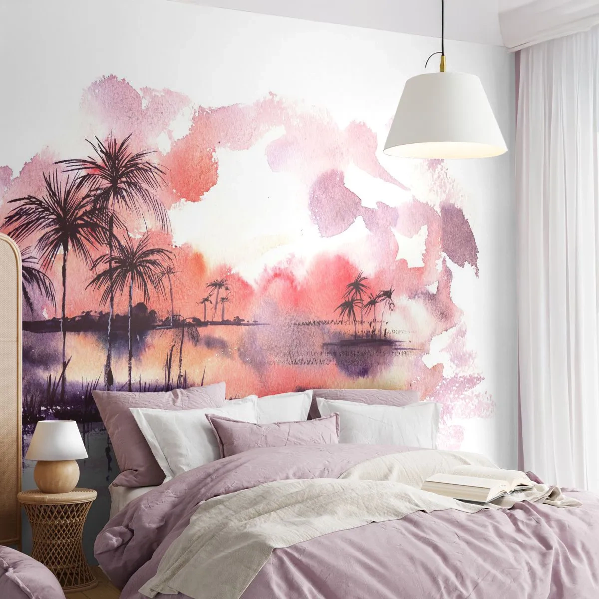 Papier Peint Autocollant Deluxe Sticker - La tranquillité des tropiques en rouge - Paysage, Cocotier, Graphique - 250x175 cm