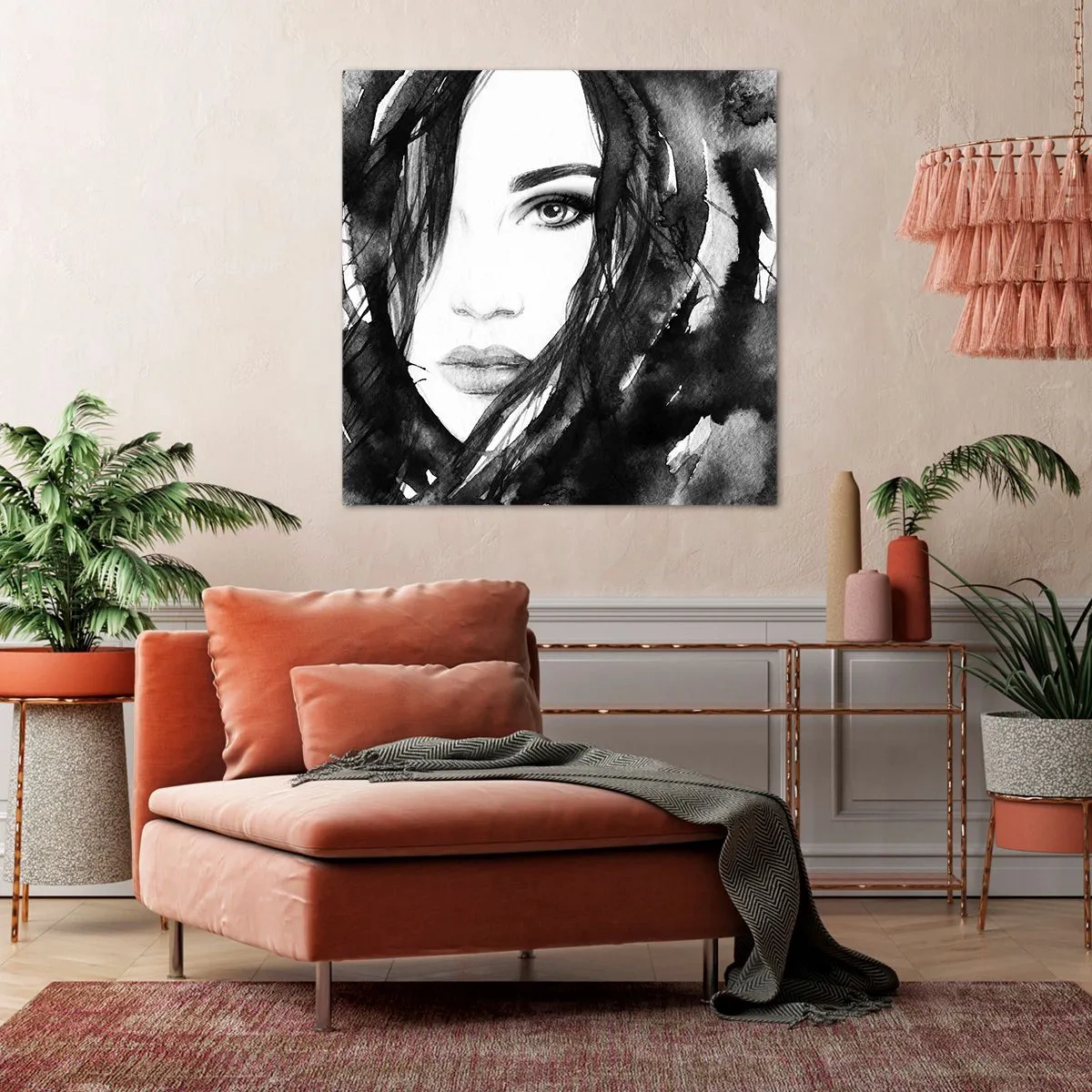 Impression sur toile - Image sur toile - Portrait d'une dame en noir et blanc - 40x40 cm