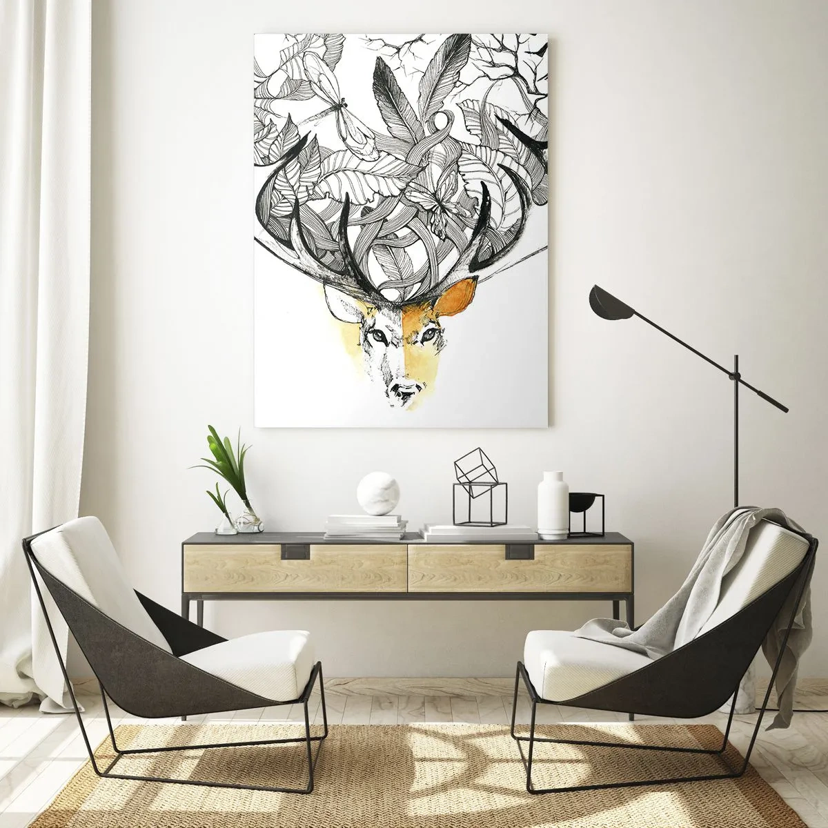 Impression sur verre - Image sur verre - Dessin d'un cerf avec des bois fantaisie - 50x70cm - Corne d'abondance - Décoration murale moderne pour le salon et la chambre ARTTOR