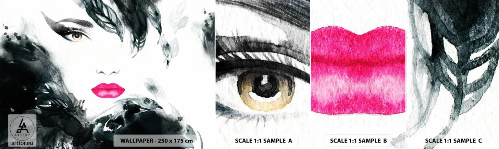 Échantillon De Papier Peint Standard Eco - Attention! Femme fatale - Abstraction, Visage de femme, Portrait d'une femme - 100x30 cm