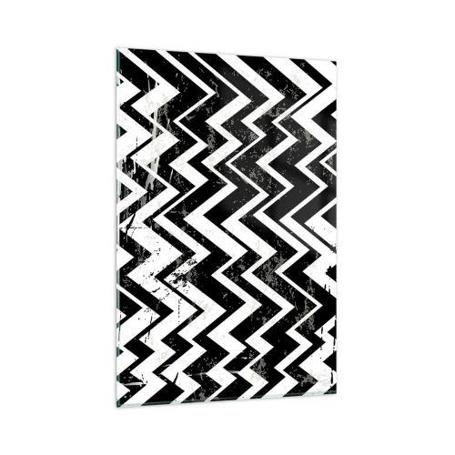 Impression sur verre - Image sur verre - Motif en zigzag noir et blanc avec abrasions artistiques - 80x120cm - Zig-blanc, zag-noir - Décoration murale moderne pour le salon et la chambre ARTTOR