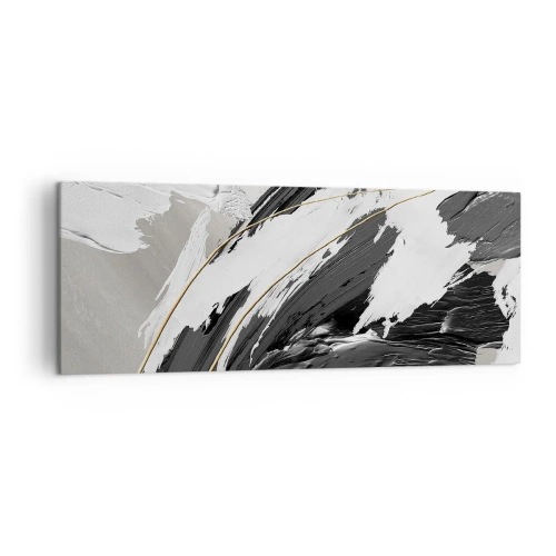 Impression sur toile - Image sur toile - Coups de pinceau noirs et blancs avec une subtile touche dorée - 140x50cm - L'abstraction à grande échelle - Décoration murale moderne pour le salon et la chambre ARTTOR