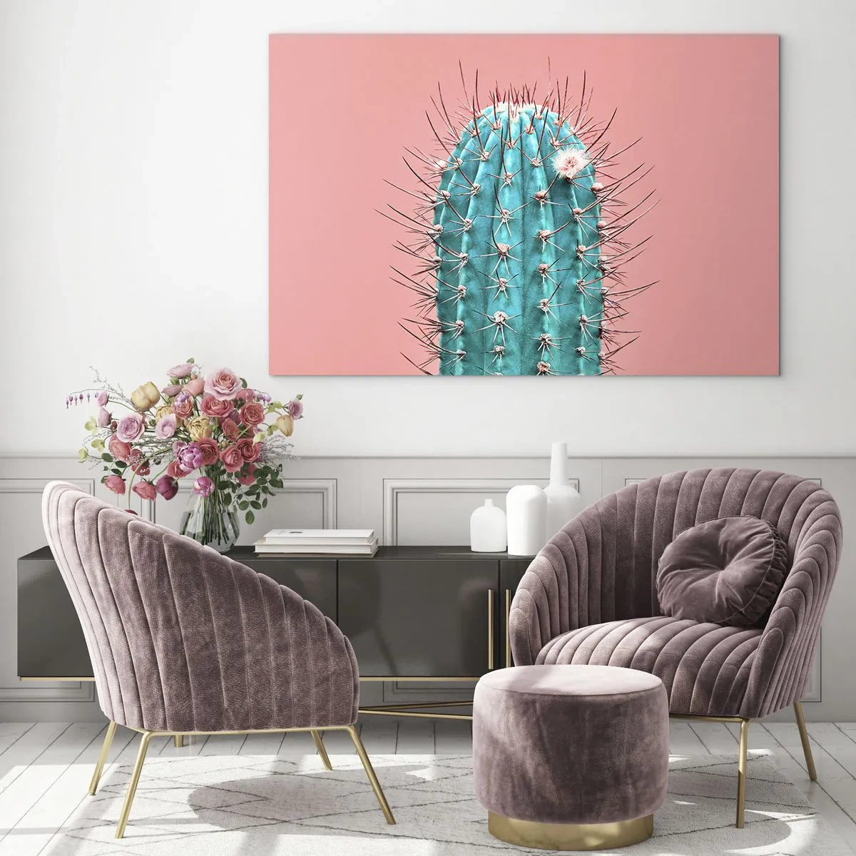 Impression sur verre - Image sur verre - Cactus vert avec des épines sur fond rose - 70x50cm - Juste regarde - Décoration murale moderne pour le salon et la chambre ARTTOR