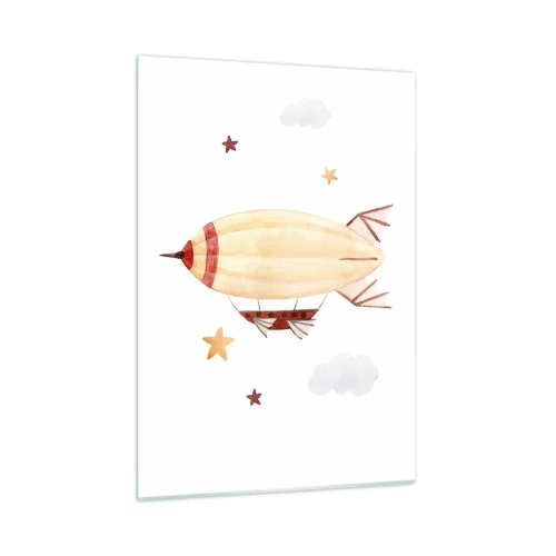 Impression sur verre - Image sur verre - Un dirigeable de dessin animé parmi les étoiles sur fond blanc - 50x70cm - Dirigeable - Décoration murale moderne pour le salon et la chambre ARTTOR