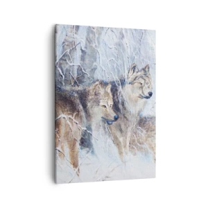 Impression sur toile - Image sur toile - Loups dans une forêt hivernale sur fond de neige - 50x70cm - Attention! Ca arrive ... - Décoration murale moderne pour le salon et la chambre ARTTOR
