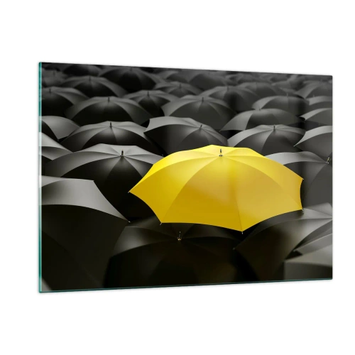 Impression sur verre - Image sur verre - Un parapluie jaune se détachant parmi les noirs - 120x80cm - Adieu chagrin - Décoration murale moderne pour le salon et la chambre ARTTOR