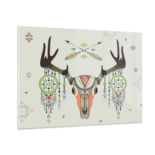 Impression sur verre - Image sur verre - Cornes symboliques et motifs amérindiens sur fond clair - 100x70cm - Trophée du chasseur indien - Décoration murale moderne pour le salon et la chambre ARTTOR