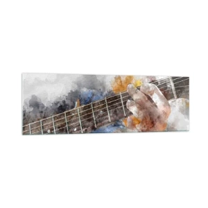 Impression sur verre - Image sur verre - Image abstraite d'une main jouant de la guitare - 160x50cm - La poésie entre les cordes - Décoration murale moderne pour le salon et la chambre ARTTOR