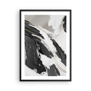 Affiche dans un cadre noir - Poster - Coups de pinceau abstraits en noir, blanc et or - 50x70cm - L'abstraction à grande échelle - Décoration murale moderne pour le salon et la chambre ARTTOR