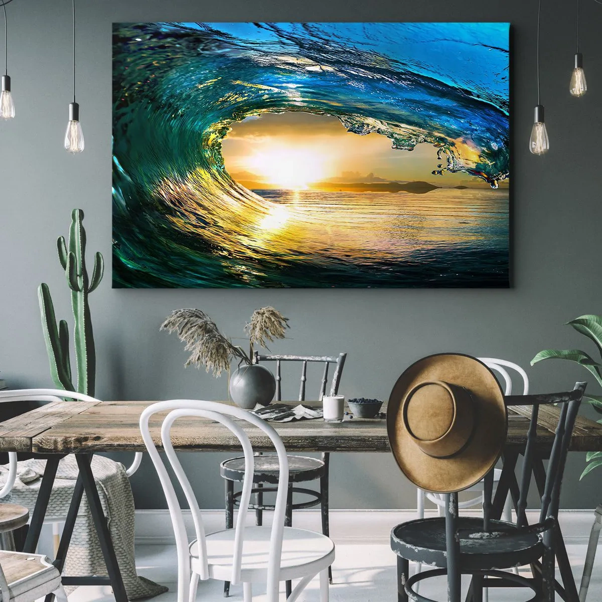 Impression sur toile - Image sur toile - Vague de l'océan au soleil avec vue sur l'horizon - 120x80cm - Dans un éclat émeraude-or - Décoration murale moderne pour le salon et la chambre ARTTOR