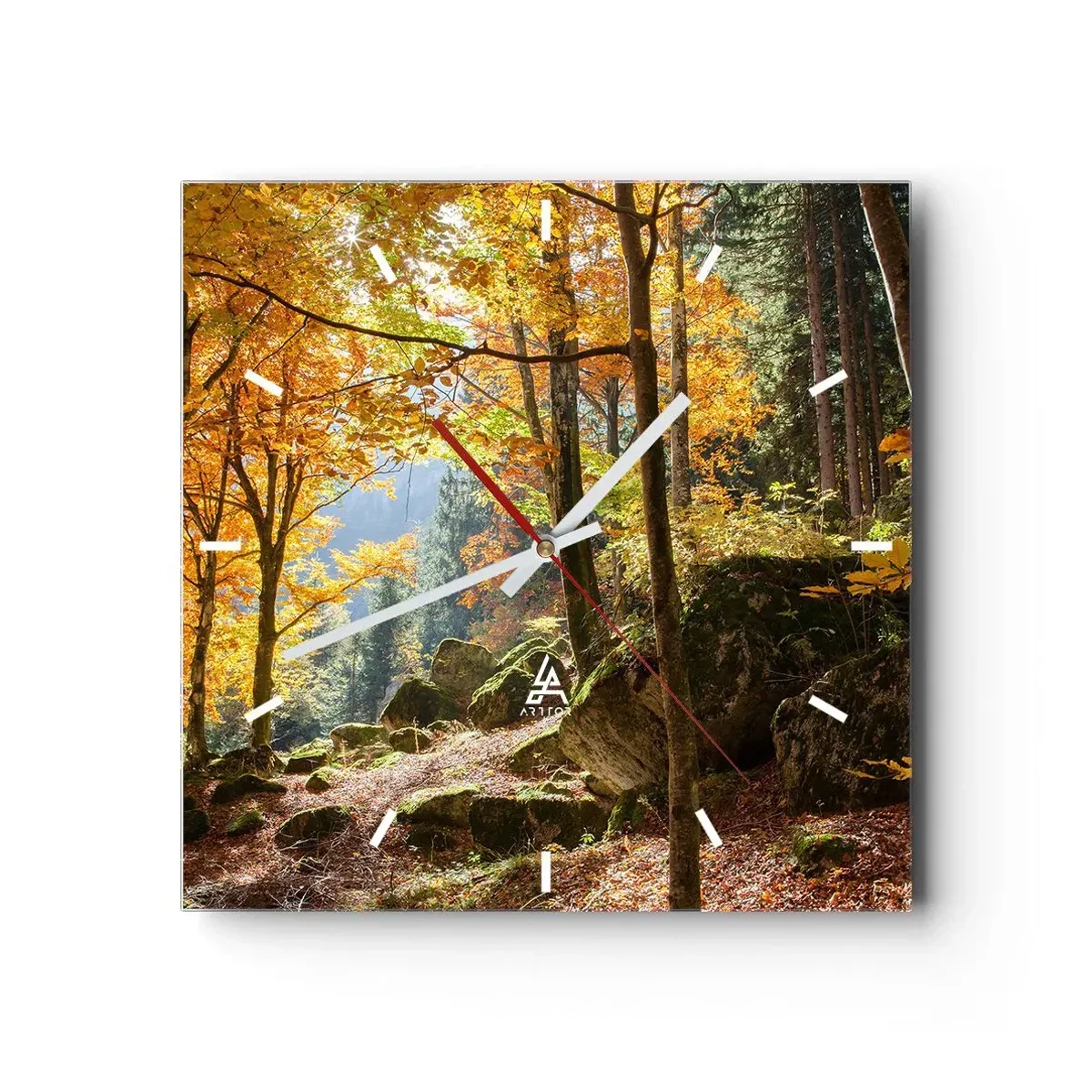 Horloge murale - Pendule murale - Une forêt d'automne pleine de feuilles dorées et de soleil - 30x30cm - Il est temps de se détendre - Décoration murale moderne pour le salon et la chambre ARTTOR