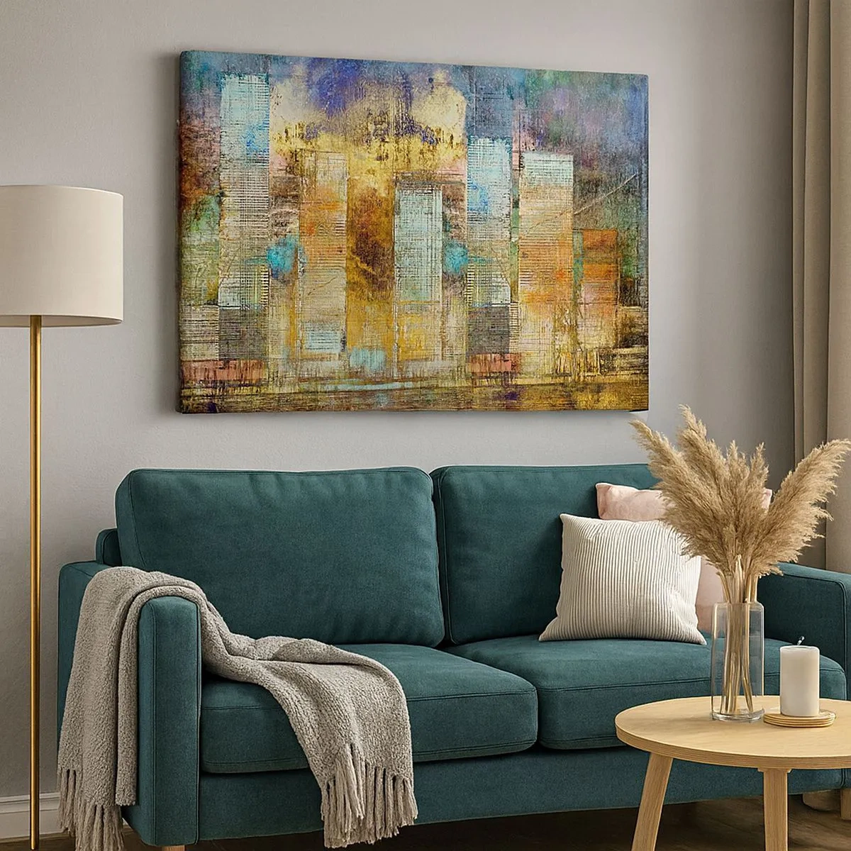 Impression sur toile - Image sur toile - Gratte-ciel abstraits de style industriel - 70x50cm - Une métropole ensoleillée - Décoration murale moderne pour le salon et la chambre ARTTOR