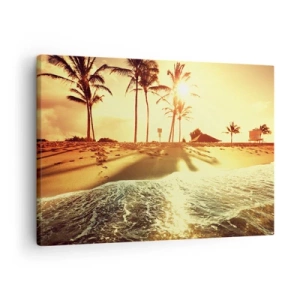Impression sur toile - Image sur toile - Une plage avec des palmiers illuminée par un coucher de soleil chaud - 70x50cm - Après-midi californien - Décoration murale moderne pour le salon et la chambre ARTTOR