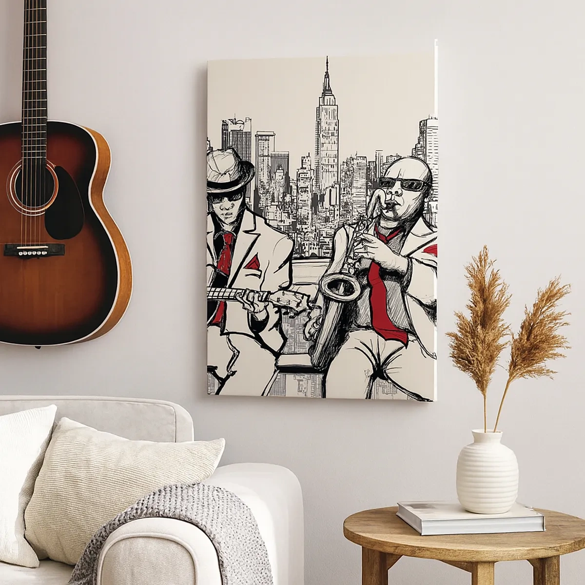 Impression sur toile - Image sur toile - Un duo de jazz avec saxophone et guitare sur fond de ville - 50x70cm - improvisation new-yorkaise - Décoration murale moderne pour le salon et la chambre ARTTOR