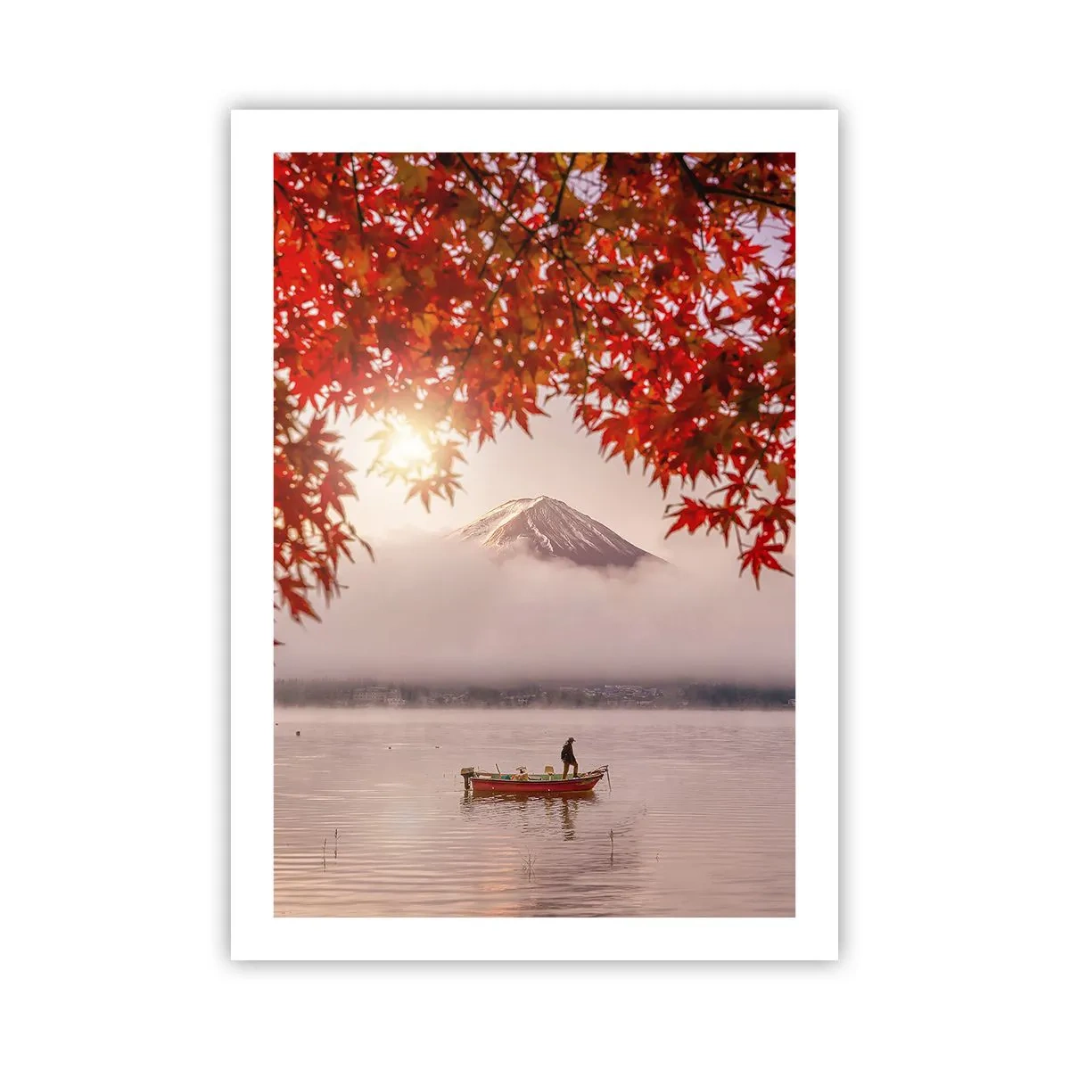 Affiche - Poster - Mont Fuji avec un bateau sur un lac et des feuilles d'automne - 50x70cm - Dans le climat japonais - Décoration murale moderne pour le salon et la chambre ARTTOR