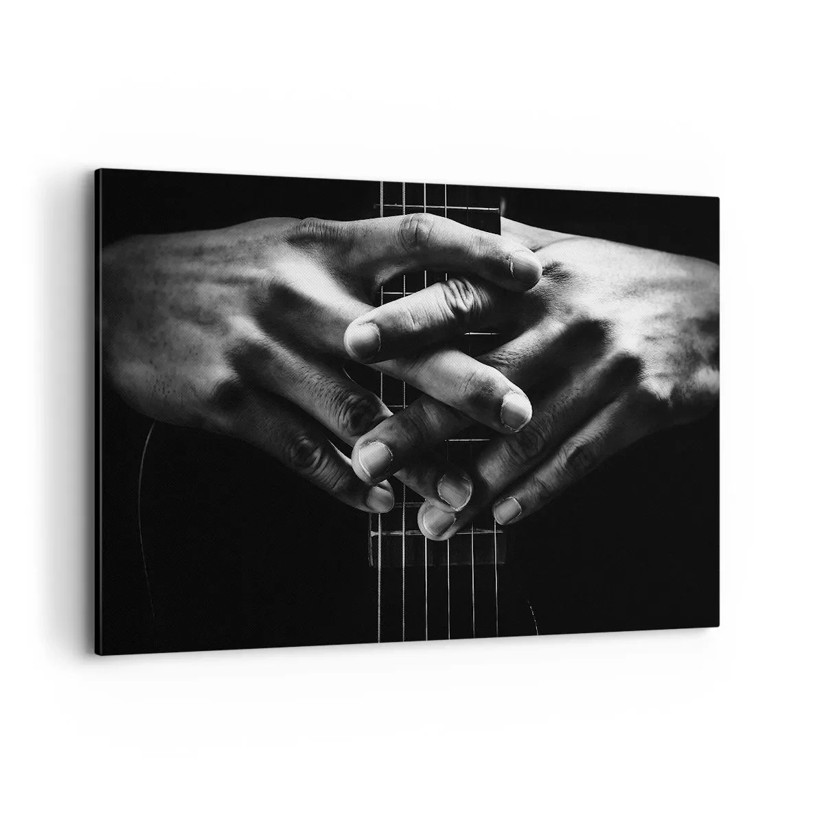 Impression sur toile - Image sur toile - Mains jointes sur une guitare dans un ton monochrome - 120x80cm - Prière d'artiste - Décoration murale moderne pour le salon et la chambre ARTTOR