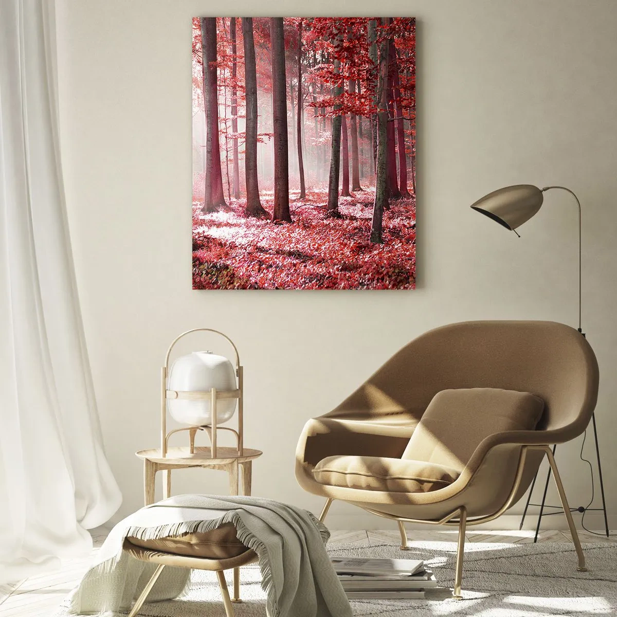 Impression sur verre - Image sur verre - Forêt d'automne aux couleurs rouges et brouillard matinal - 50x70cm - Le rouge est tout aussi beau - Décoration murale moderne pour le salon et la chambre ARTTOR