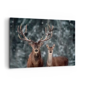 Impression sur toile - Image sur toile - Cerf dans une forêt d'hiver enneigée - 100x70cm - Le roi de la forêt avec sa femme - Décoration murale moderne pour le salon et la chambre ARTTOR