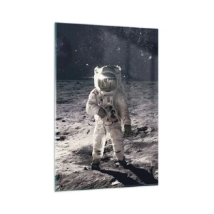 Impression sur verre - Image sur verre - Astronaute à la surface de la Lune avec la Terre en arrière-plan - 80x120cm - Salutations de la lune - Décoration murale moderne pour le salon et la chambre ARTTOR