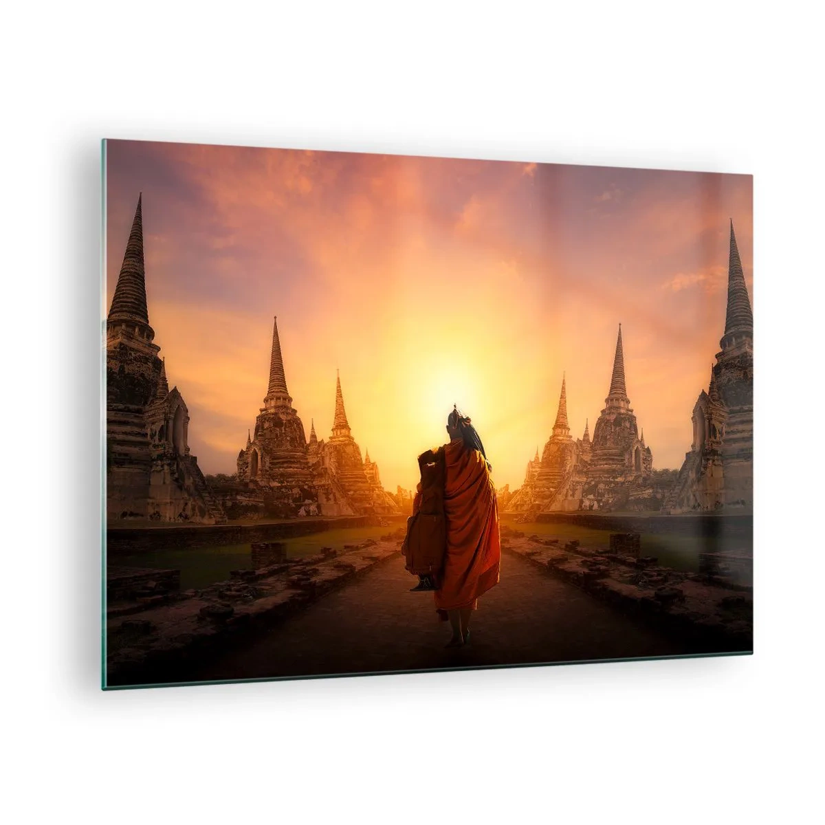 Impression sur verre - Image sur verre - Un moine sur fond de soleil couchant et de temples en Asie - 70x50cm - En paix pour l'éternité - Décoration murale moderne pour le salon et la chambre ARTTOR