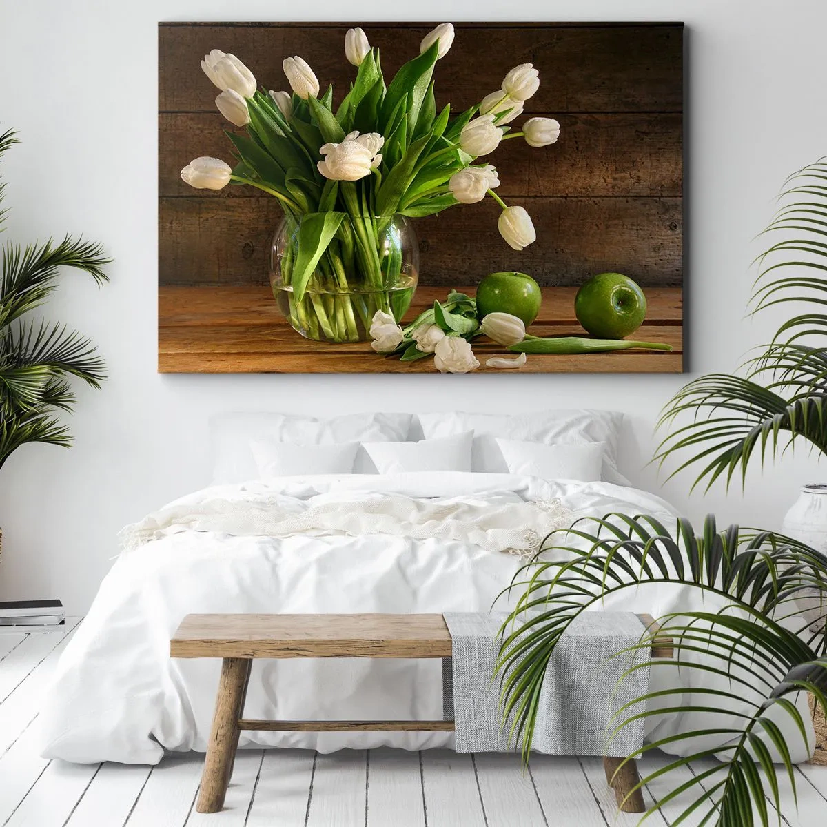 Impression sur toile - Image sur toile - Un bouquet de tulipes blanches dans un vase en verre avec des pommes vertes - 120x80cm - Juteux et frais en vert et blanc - Décoration murale moderne pour le salon et la chambre ARTTOR
