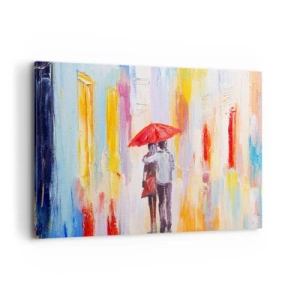 Impression sur toile - Image sur toile - Un couple sous un parapluie rouge avec des bâtiments colorés en arrière-plan. - 100x70cm - Qu'il pleuve encore - Décoration murale moderne pour le salon et la chambre ARTTOR
