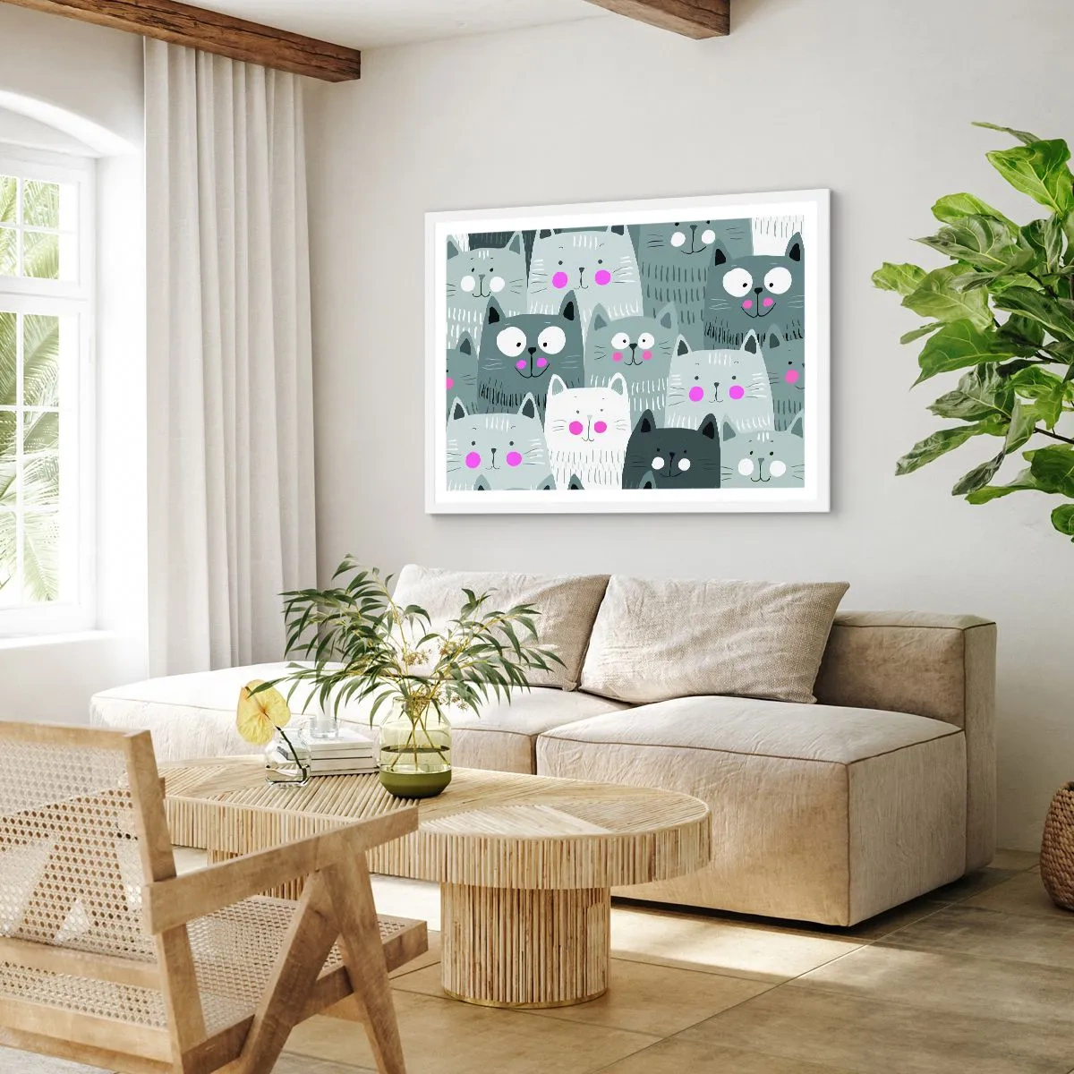 Affiche dans un cadre blanc - Poster - Le monde des chats - 100x70 cm