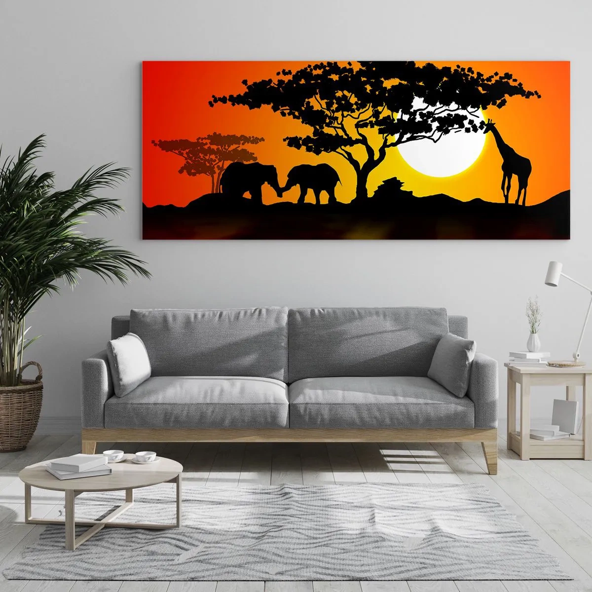Impression sur verre - Image sur verre - Coucher de soleil africain avec des silhouettes d'éléphants et de girafes au-dessus de l'eau - 140x50cm - Rencontre dans la savane - Décoration murale moderne pour le salon et la chambre ARTTOR