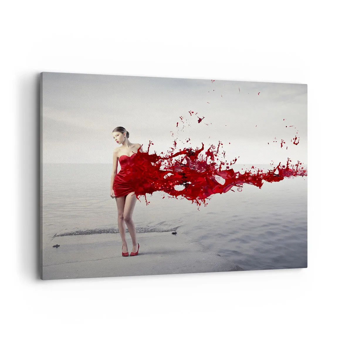 Impression sur toile - Image sur toile - Une femme en robe rouge dans une composition artistique au bord de l'eau - 100x70cm - Passionné comme l'écarlate - Décoration murale moderne pour le salon et la chambre ARTTOR