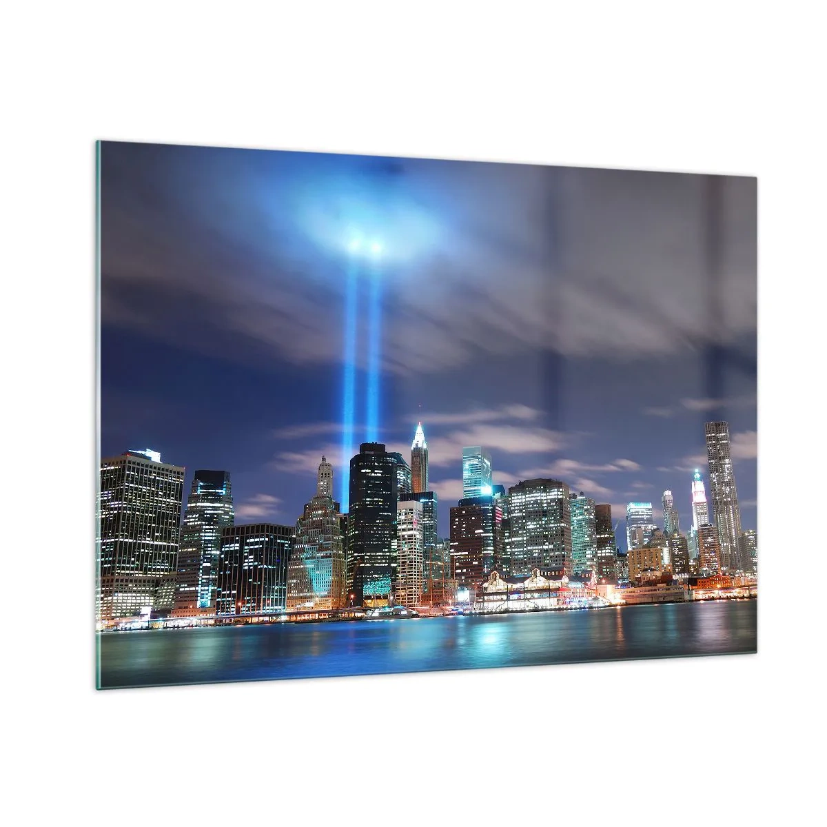 Impression sur verre - Image sur verre - Panorama nocturne de la ville avec des projecteurs - 100x70cm - Atteindre le ciel avec la lumière - Décoration murale moderne pour le salon et la chambre ARTTOR