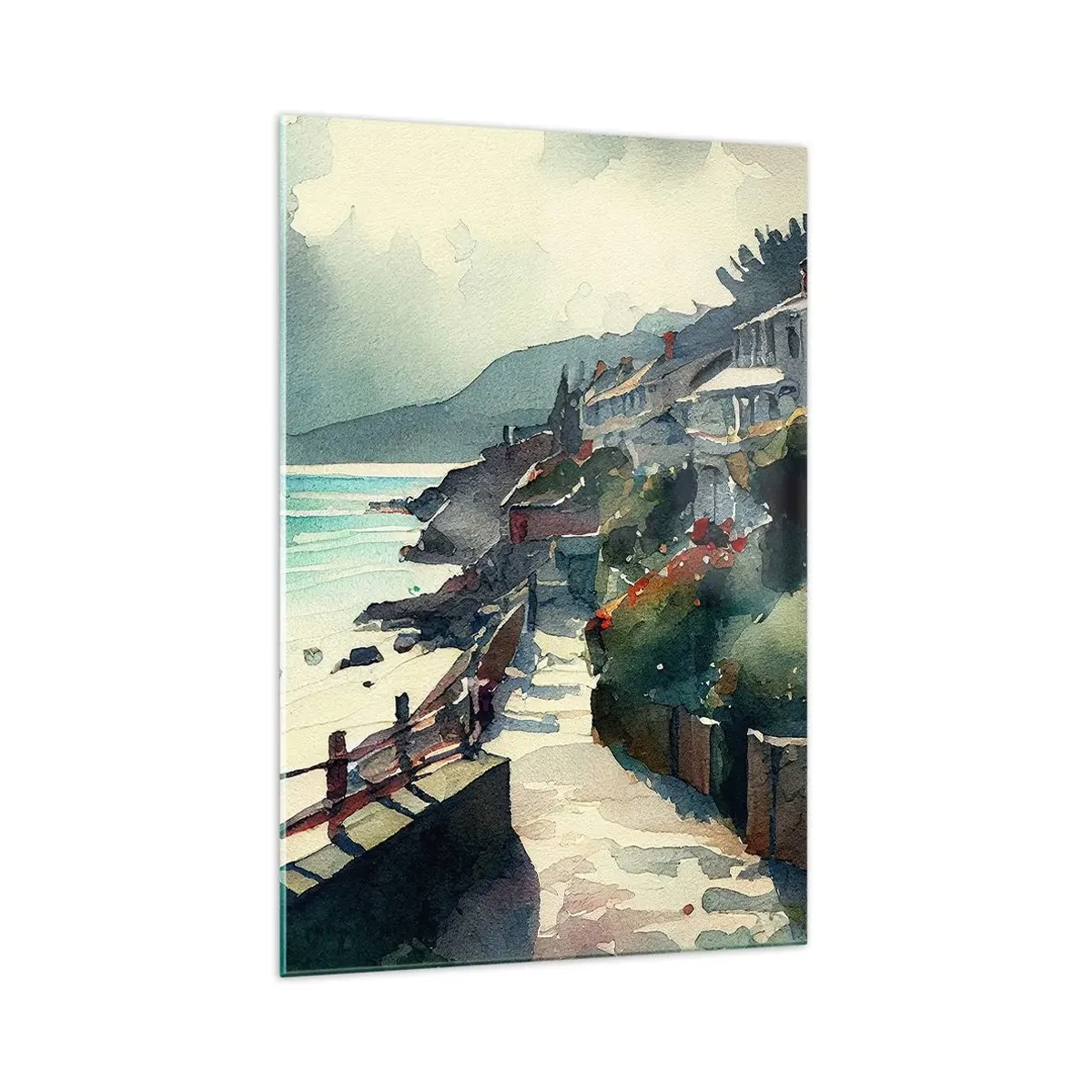 Impression sur verre - Image sur verre - Promenade en bord de mer avec maisons et végétation - 70x100cm - Ville méditerranéenne - Décoration murale moderne pour le salon et la chambre ARTTOR