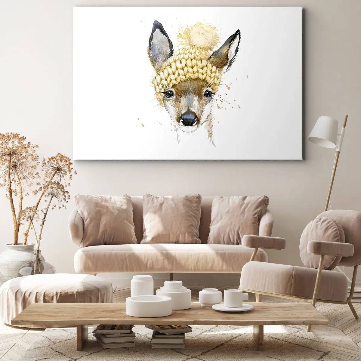 Impression sur toile - Image sur toile - Cerf aquarelle avec une casquette jaune - 100x70cm - Pour l'hiver dans la forêt enneigée - Décoration murale moderne pour le salon et la chambre ARTTOR