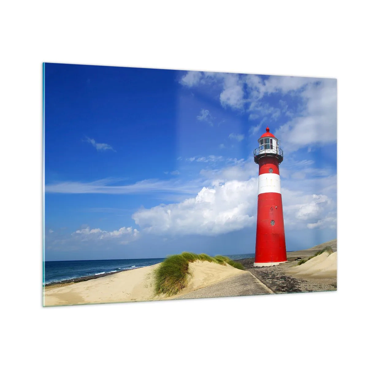 Impression sur verre - Image sur verre - Un phare rouge contre un ciel bleu - 100x70cm - Rêve de solitude - Décoration murale moderne pour le salon et la chambre ARTTOR