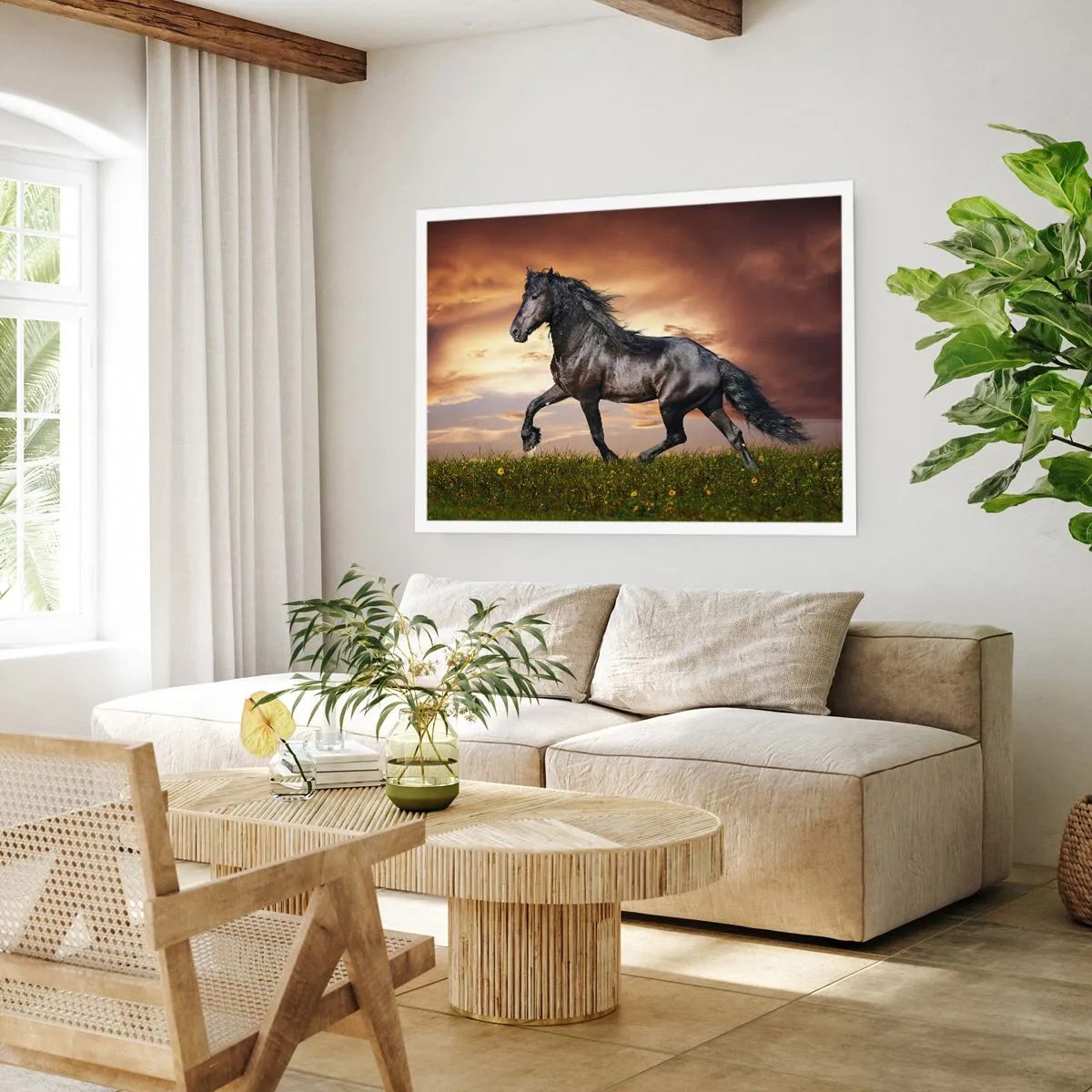Affiche - Poster - Un cheval noir galopant contre le soleil couchant - 100x70cm - Livres noirs - Décoration murale moderne pour le salon et la chambre ARTTOR