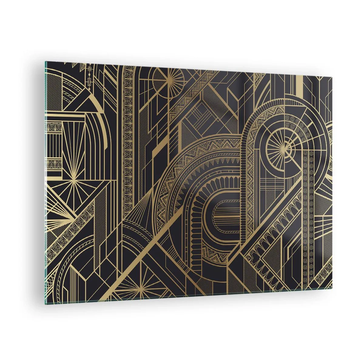 Impression sur verre - Image sur verre - Motif géométrique Art Déco en or et noir - 70x50cm - Concept, idée, plan - Décoration murale moderne pour le salon et la chambre ARTTOR