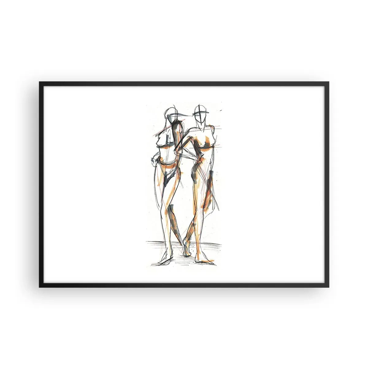 Affiche dans un cadre noir - Poster - Croquis artistique de deux silhouettes sur fond blanc - 100x70cm - Étude de la grâce - Décoration murale moderne pour le salon et la chambre ARTTOR