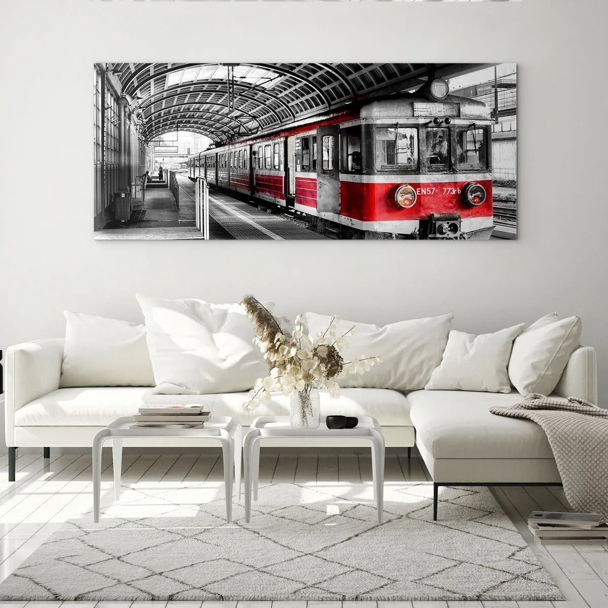 Impression sur verre - Image sur verre - Train rouge à la gare sous un toit - 160x50cm - C'est peut-être le voyage de votre vie ? - Décoration murale moderne pour le salon et la chambre ARTTOR