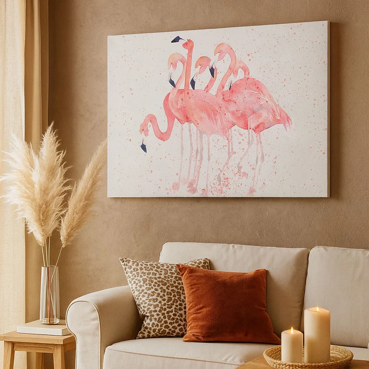 Impression sur toile - Image sur toile - Flamants roses dans un style aquarelle artistique - 70x50cm - Ensemble rose - Décoration murale moderne pour le salon et la chambre ARTTOR