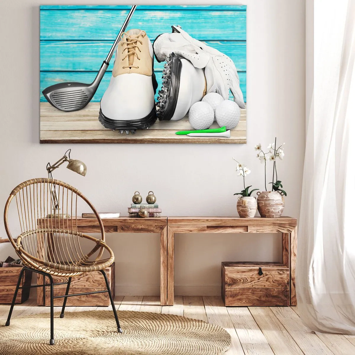 Impression sur toile - Image sur toile - Un ensemble d'accessoires de golf sur un fond en bois - 100x70cm - Tout est prêt - Décoration murale moderne pour le salon et la chambre ARTTOR