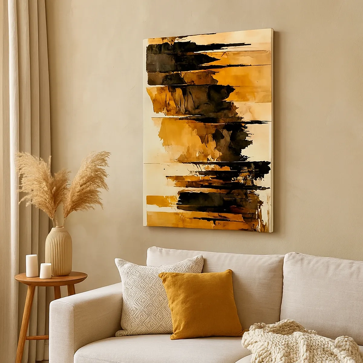 Impression sur toile - Image sur toile - Rayures abstraites dorées et noires dans une composition artistique - 50x70cm - Harmonie de noir et d'or - Décoration murale moderne pour le salon et la chambre ARTTOR