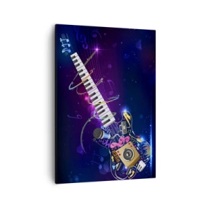 Impression sur toile - Image sur toile - Une guitare colorée avec un clavier et un microphone sur un fond sombre. - 50x70cm - Et tout va bien - Décoration murale moderne pour le salon et la chambre ARTTOR