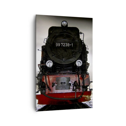 Impression sur toile - Image sur toile - Une locomotive à vapeur entourée de vapeur sur un ciel sombre dans un décor atmosphérique - 80x120cm - Il se lève et siffle, halète et souffle - Décoration murale moderne pour le salon et la chambre ARTTOR