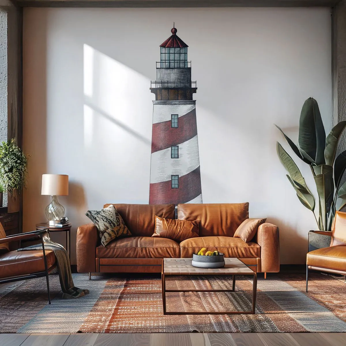 Papier Peint Photo Premium Sand - Illustration d'un phare à rayures rouges et blanches - 100x70cm - Toujours sur ses gardes - Décoration murale moderne pour le salon et la chambre ARTTOR