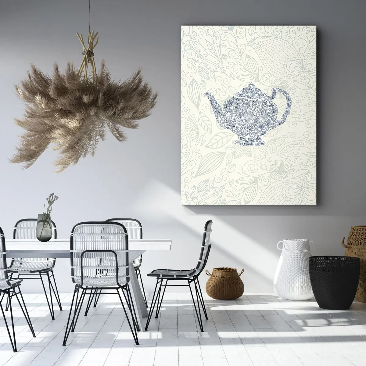 Impression sur toile - Image sur toile - Dessin décoratif d'une théière avec des ornements bleus - 50x70cm - Le charme du thé - Décoration murale moderne pour le salon et la chambre ARTTOR