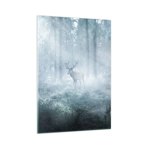 Impression sur verre - Image sur verre - Un cerf dans une forêt brumeuse illuminée par les rayons du soleil du matin - 50x70cm - Visite matinale du domaine - Décoration murale moderne pour le salon et la chambre ARTTOR