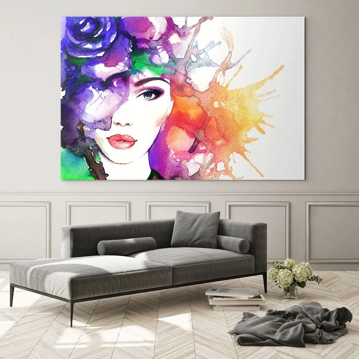 Impression sur verre - Image sur verre - Une femme avec un arrière-plan flou et coloré dans un style aquarelle - 70x50cm - Avec la tête dans les nuages - Décoration murale moderne pour le salon et la chambre ARTTOR