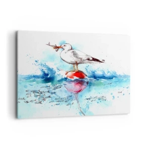 Impression sur toile - Image sur toile - Mouette sur une bouée avec des poissons en arrière-plan dans un style aquarelle - 100x70cm - Prise réussie - Décoration murale moderne pour le salon et la chambre ARTTOR