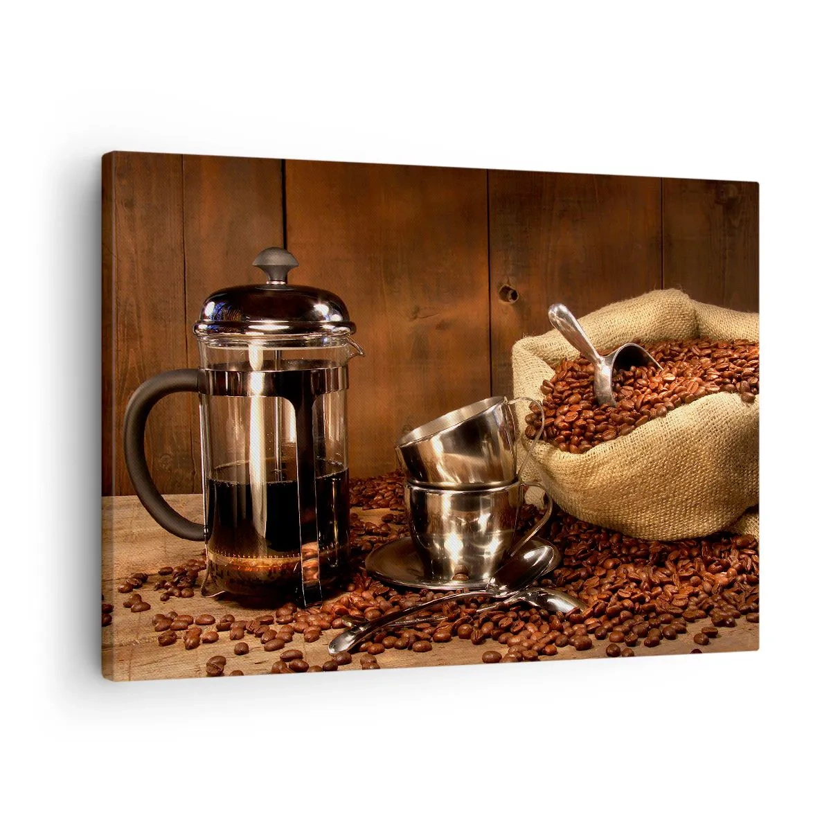 Impression sur toile - Image sur toile - Presse française, tasses et un sac de café sur un fond en bois - 70x50cm - Le charme du café - arôme et goût - Décoration murale moderne pour le salon et la chambre ARTTOR