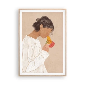 Affiche dans un chêne clair - Poster - Fille et fleurs - 70x100 cm