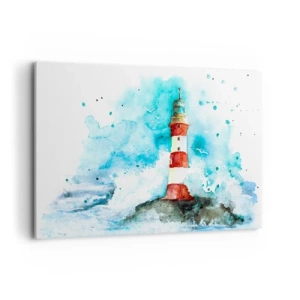 Impression sur toile - Image sur toile - Un phare dans un décor aquarelle sur fond bleu - 120x80cm - Unité des éléments - Décoration murale moderne pour le salon et la chambre ARTTOR